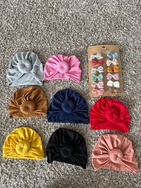 Girls Turban Hat and Bow Set - Assorted Colors
